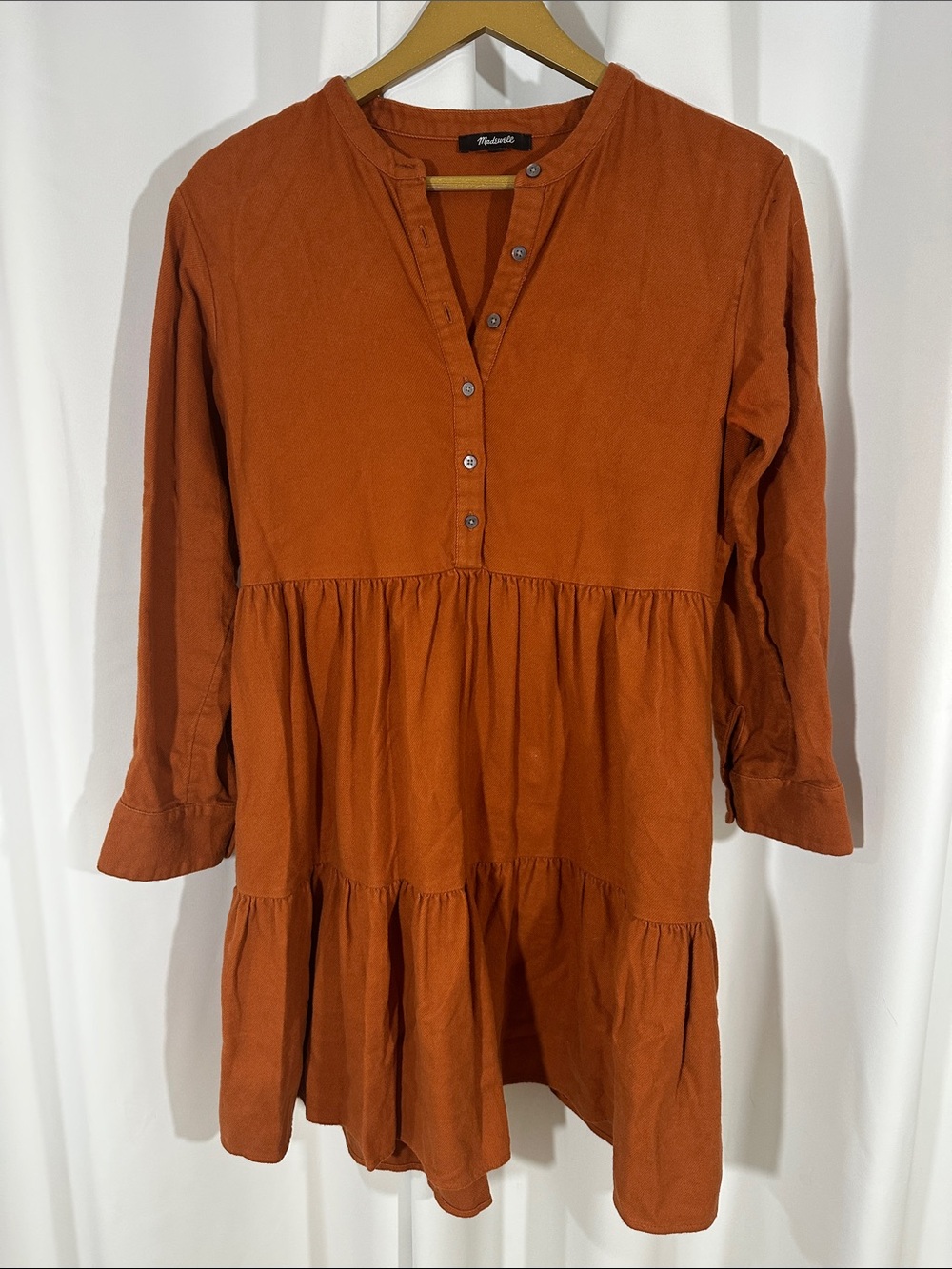 Madewell Tiered Babydoll Mini Dress Small Rust Brown 100% Cotton Long Sleeve